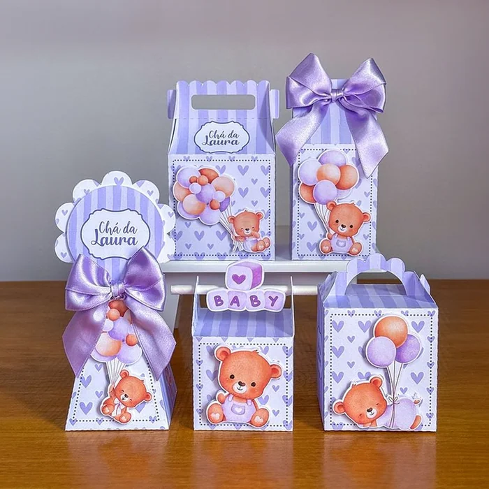 Kit de chá de bebê com ursinhos e laços lilás